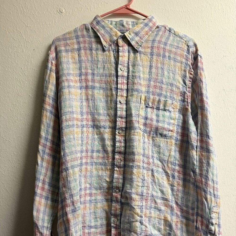 Peter Millar Men's 100%  Linen Plaid Button Pastel Shirt, Size: M, EUC